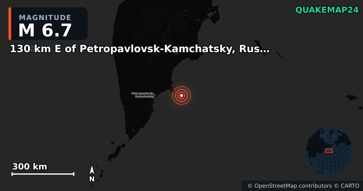M6.7 earthquake near 130 km E of Petropavlovsk-Kamchatsky, Russia on Jul 20, 2025 — map of epicenter and shaking intensity | QuakeMap24