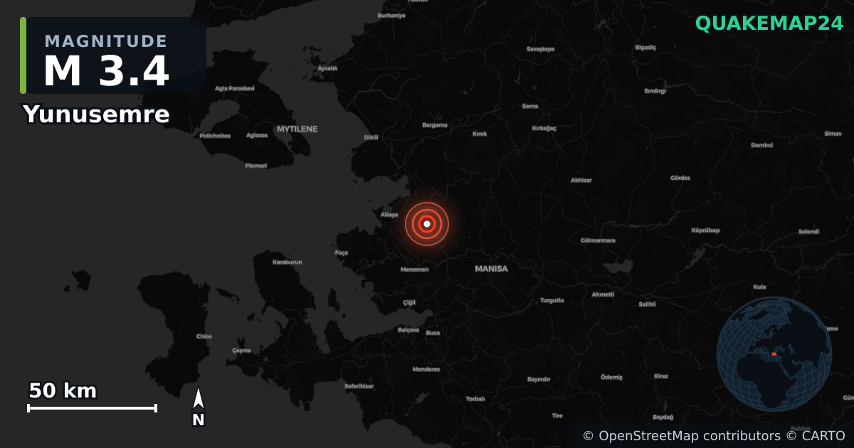 M3.4 earthquake near Yunusemre on Jan 11, 2026 — map of epicenter and shaking intensity | QuakeMap24
