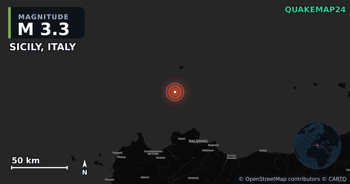 SICILY, ITALY yakınında M3,3 deprem · 2025-09-20 — Deprem merkez üssünün konumunu gösteren harita
