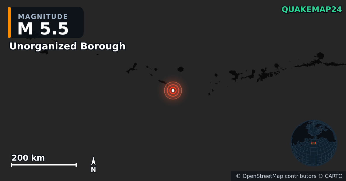 M5.5 earthquake near Unorganized Borough on May 9, 2026 — map of epicenter and shaking intensity | QuakeMap24