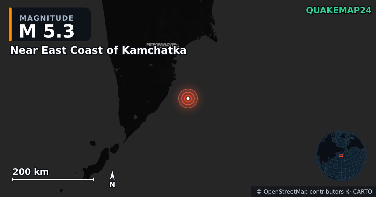 M5.3 earthquake near Near East Coast of Kamchatka on Sep 9, 2025 — map of epicenter and shaking intensity | QuakeMap24