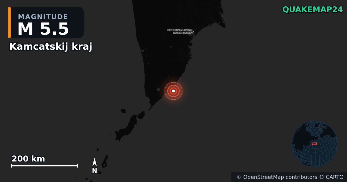 M5.5 earthquake near Kamcatskij kraj on Sep 19, 2025 — map of epicenter and shaking intensity | QuakeMap24