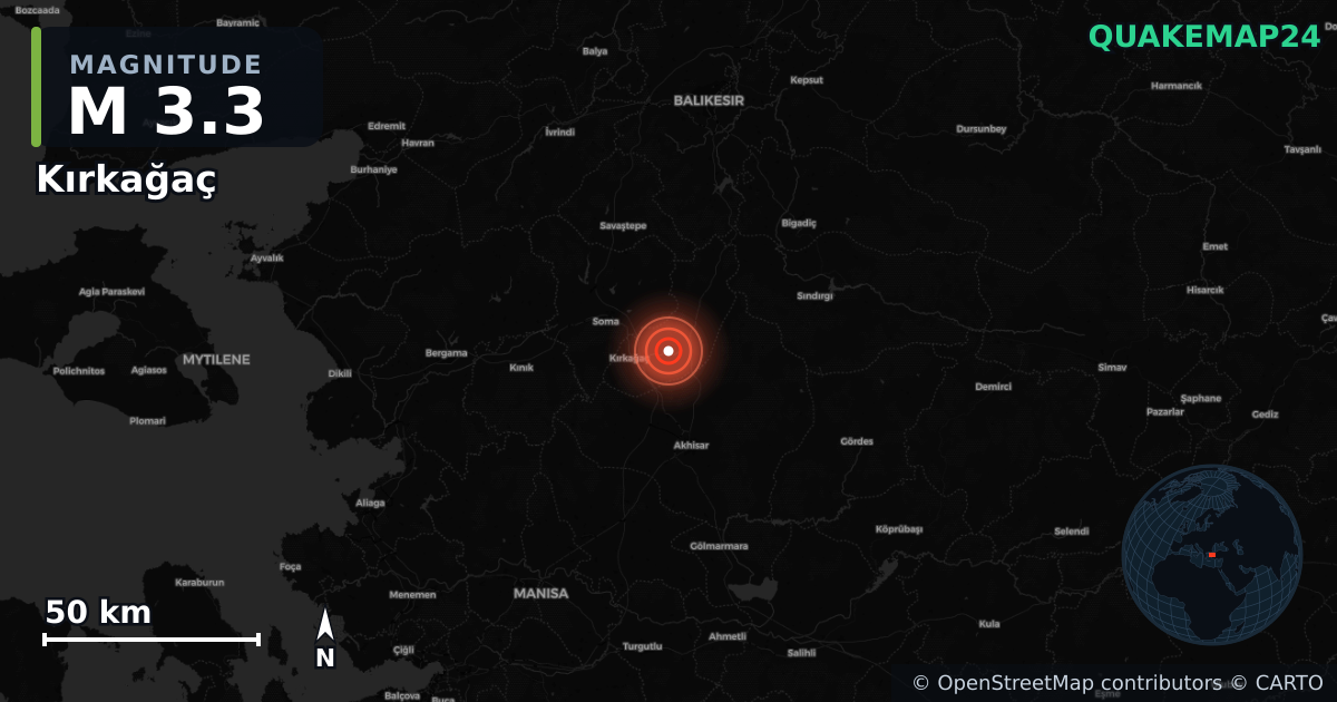 M3.3 earthquake near Kırkağaç on Jul 13, 2025 — map of epicenter and shaking intensity | QuakeMap24