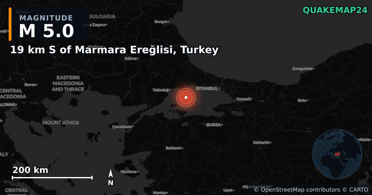 M5.0 earthquake near 19 km S of Marmara Ereğlisi, Turkey on Oct 2, 2025 — map of epicenter and shaking intensity | QuakeMap24