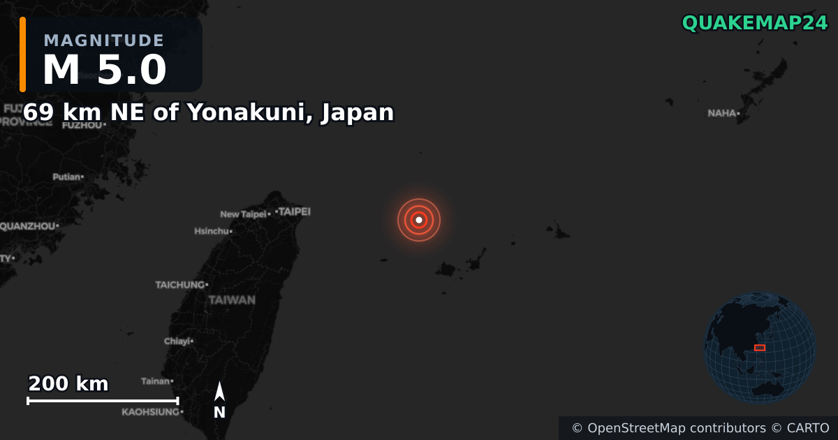 M5.0 earthquake near 69 km NE of Yonakuni, Japan on Jan 18, 2025 — map of epicenter and shaking intensity | QuakeMap24