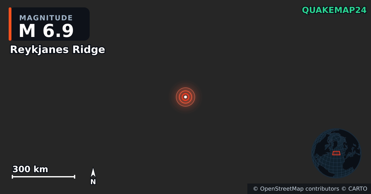M6.9 Earthquake near Reykjanes Ridge · 2025-04-03 — Map showing the location of the epicenter