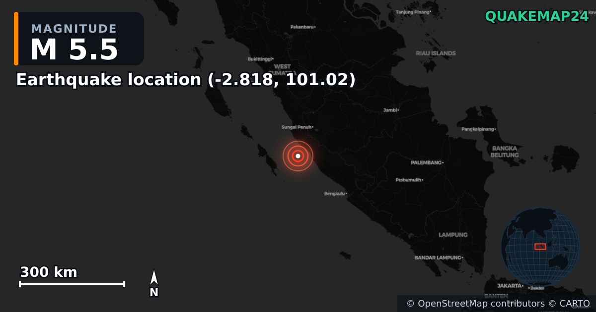 M5.5 earthquake near Erdbeben-Standort (-2.818, 101.02) on Sep 14, 2025 — map of epicenter and shaking intensity | QuakeMap24