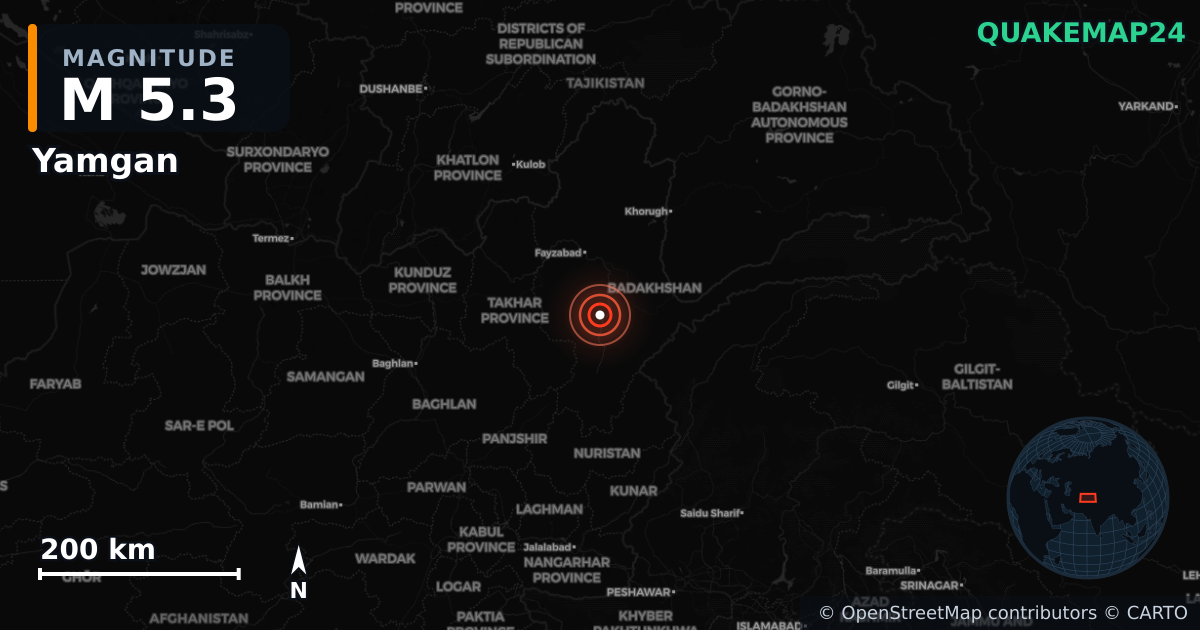 M5.3 earthquake near Yamgan on Aug 18, 2026 — map of epicenter and shaking intensity | QuakeMap24