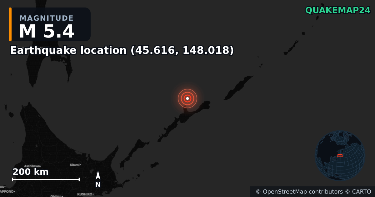 M5.4 earthquake near Τοποθεσία σεισμού (45.616, 148.018) on Jul 6, 2025 — map of epicenter and shaking intensity | QuakeMap24