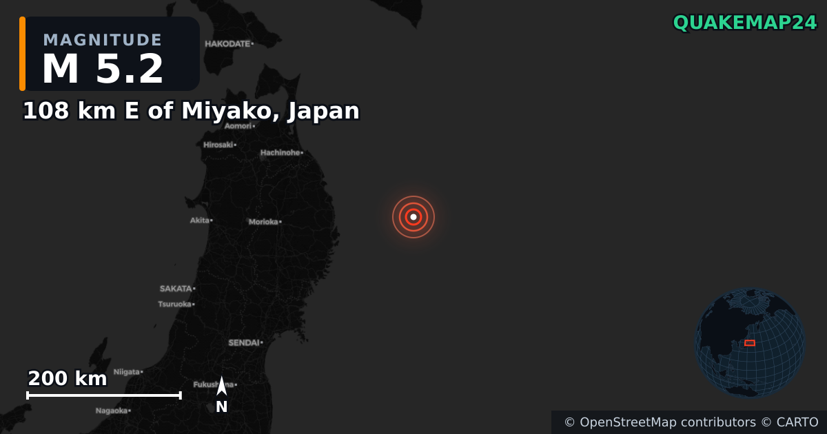 M5.2 earthquake near 108 km E of Miyako, Japan on Nov 17, 2025 — map of epicenter and shaking intensity | QuakeMap24