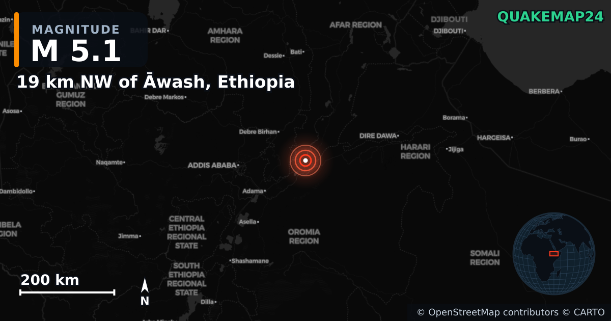 19 km NW of Āwash, Ethiopia yakınında M5,1 deprem — Deprem merkez üssünün konumunu gösteren harita