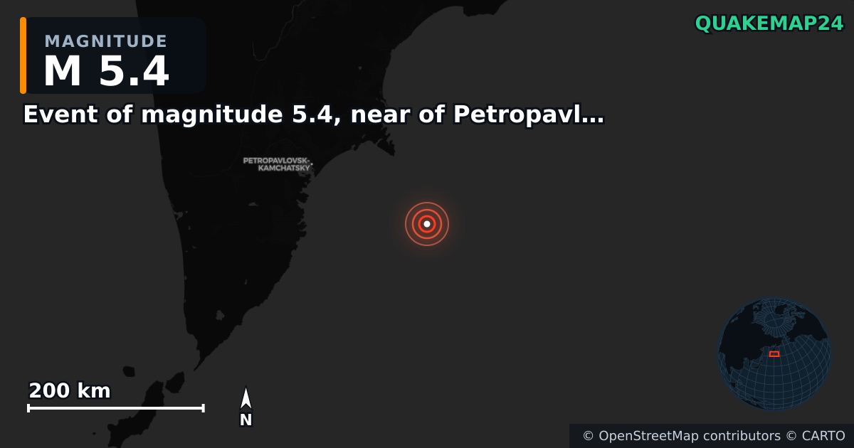 M5.4 earthquake near Event of magnitude 5.4, near of Petropavlovsk Kamchatskiy (Monde) on Sep 18, 2025 — map of epicenter and shaking intensity | QuakeMap24