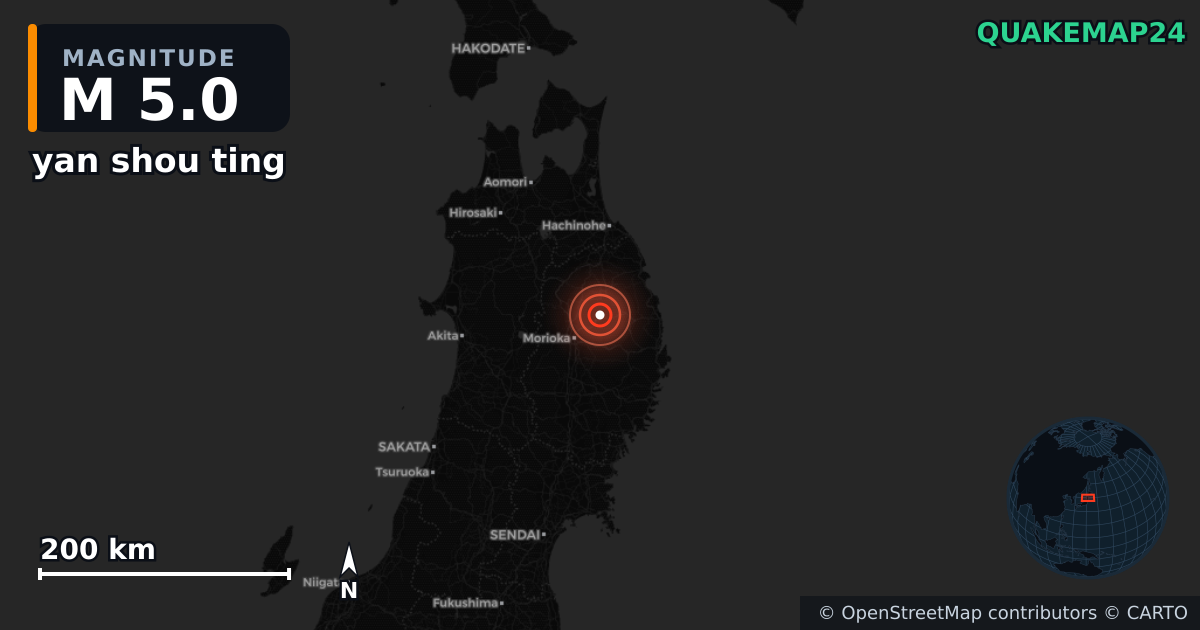 M5.0 earthquake near yan shou ting on May 13, 2026 — map of epicenter and shaking intensity | QuakeMap24