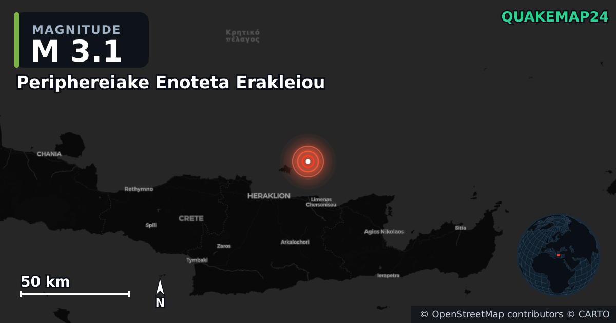 M3.1 earthquake near Periphereiake Enoteta Erakleiou on Oct 10, 2025 — map of epicenter and shaking intensity | QuakeMap24