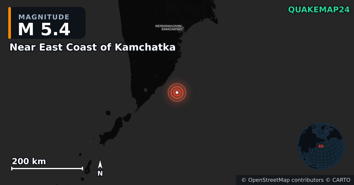 M5.4 earthquake near Near East Coast of Kamchatka on Sep 13, 2025 — map of epicenter and shaking intensity | QuakeMap24