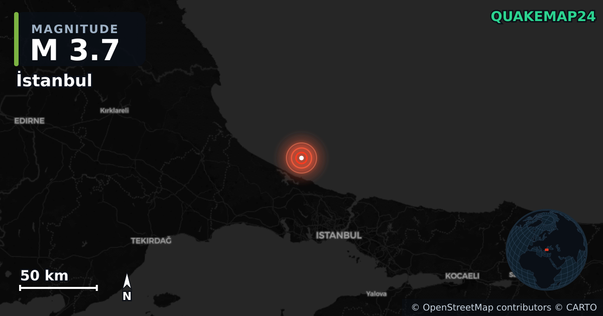 M3.7 earthquake near İstanbul on Oct 26, 2025 — map of epicenter and shaking intensity | QuakeMap24