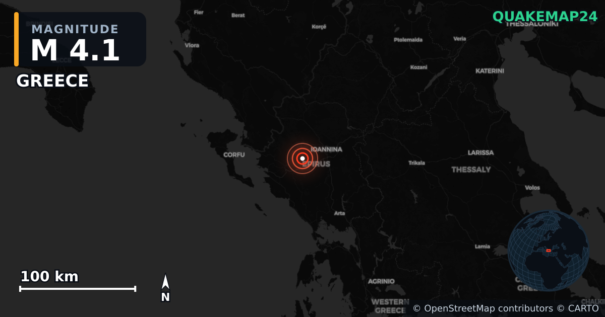 M4.1 earthquake near GREECE on Mar 17, 2026 — map of epicenter and shaking intensity | QuakeMap24