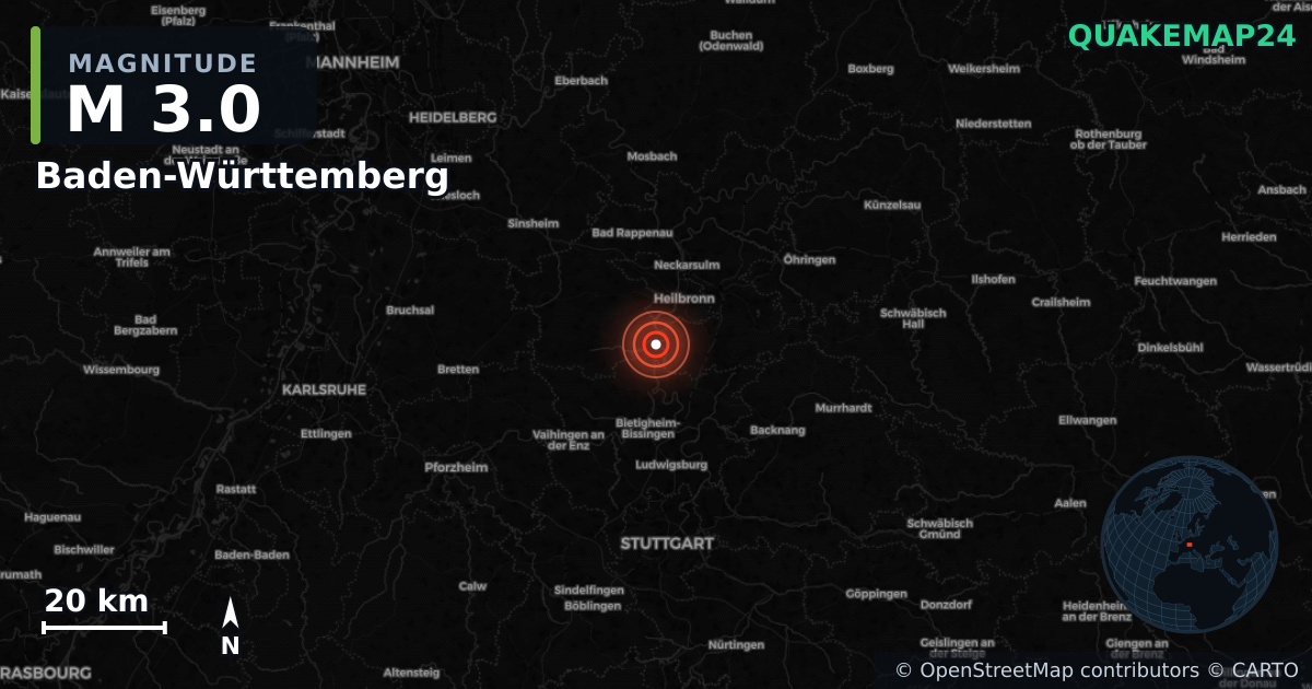 M3.0 earthquake near Baden-Württemberg on Dec 9, 2025 — map of epicenter and shaking intensity | QuakeMap24