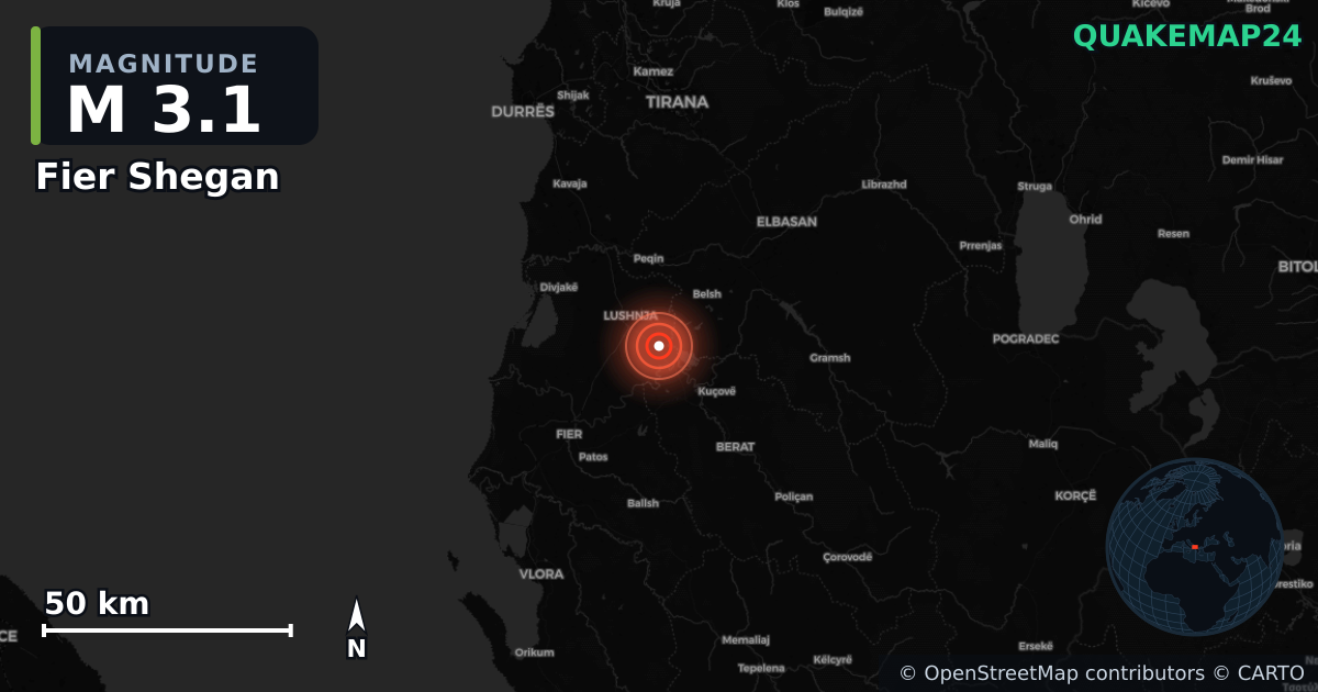 M3.1 earthquake near Fier Shegan on Sep 30, 2025 — map of epicenter and shaking intensity | QuakeMap24