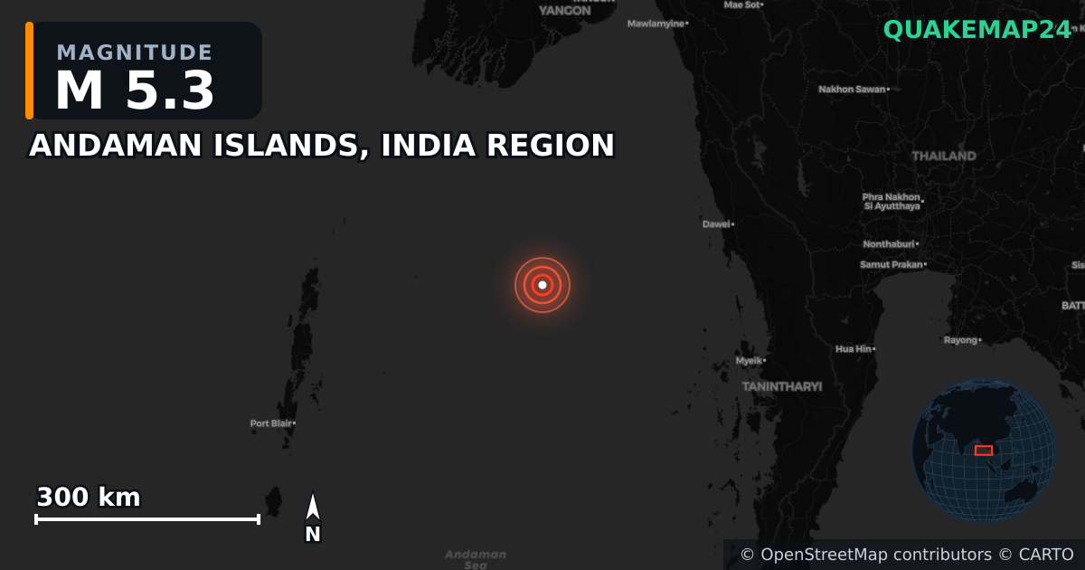 Erdbeben M5,3 bei ANDAMAN ISLANDS, INDIA REGION — Karte der Lage des Epizentrums