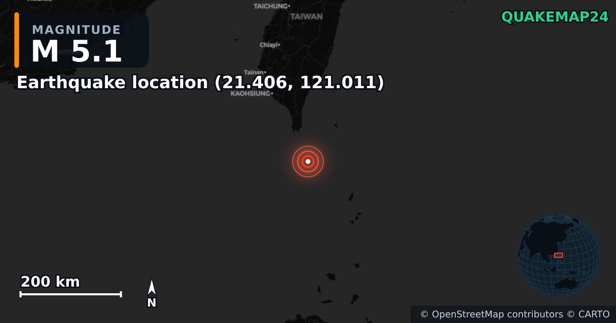 M5.1 earthquake near Deprem konumu (21.406, 121.011) on Jan 21, 2025 — map of epicenter and shaking intensity | QuakeMap24