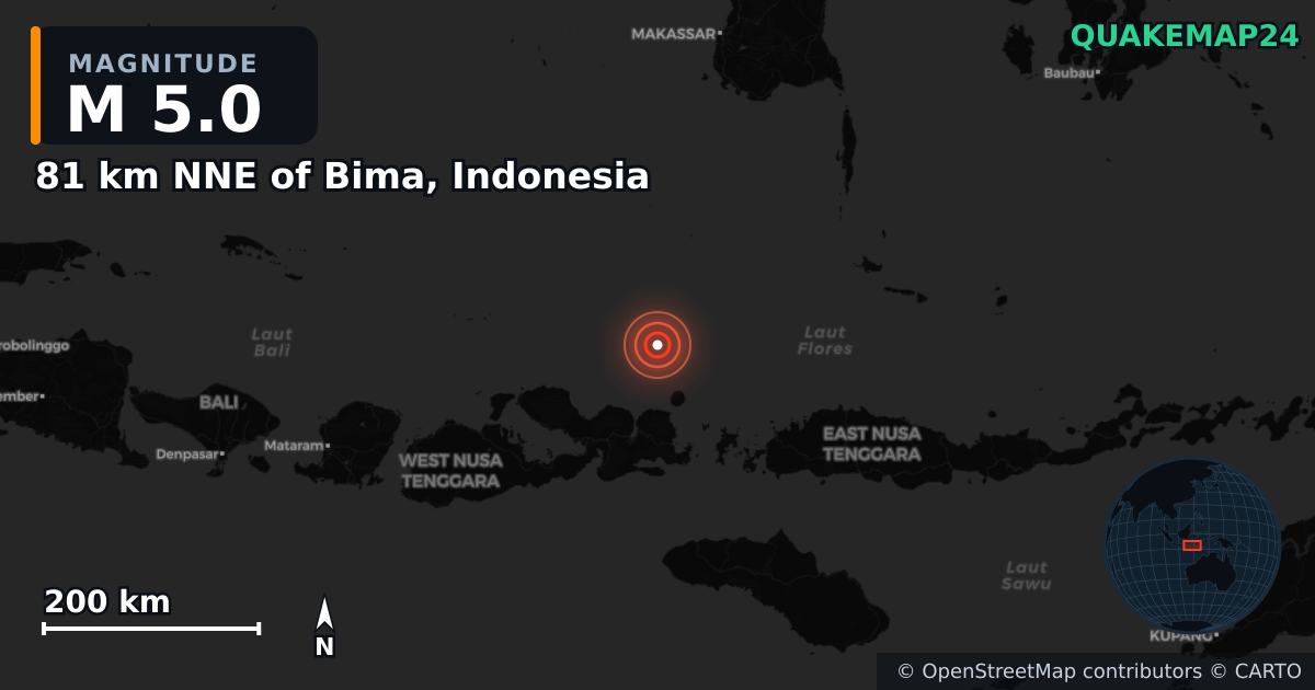 M5.0 earthquake near 81 km NNE of Bima, Indonesia on Jul 22, 2025 — map of epicenter and shaking intensity | QuakeMap24