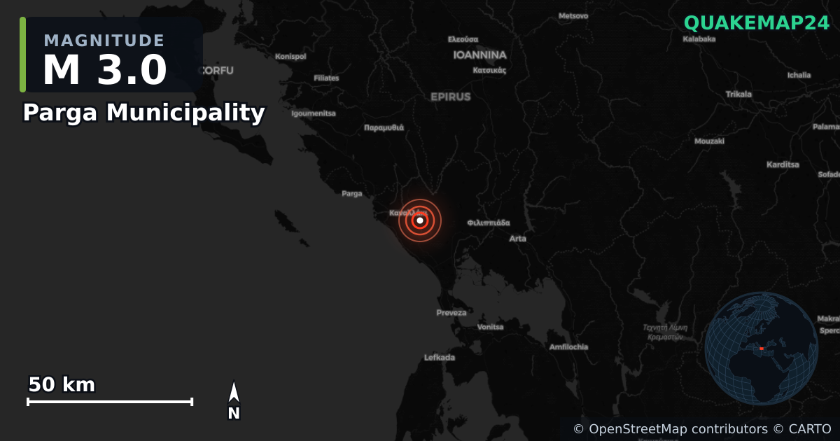M3.0 earthquake near Parga Municipality on Apr 10, 2026 — map of epicenter and shaking intensity | QuakeMap24