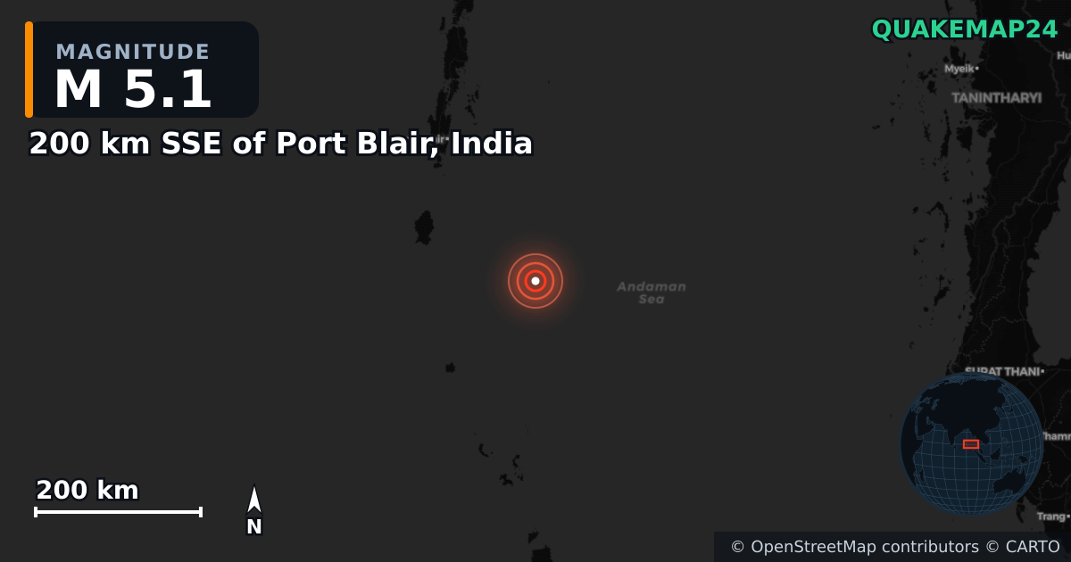 200 km SSE of Port Blair, India yakınında M5,1 deprem · 2025-03-24 — Deprem merkez üssünün konumunu gösteren harita