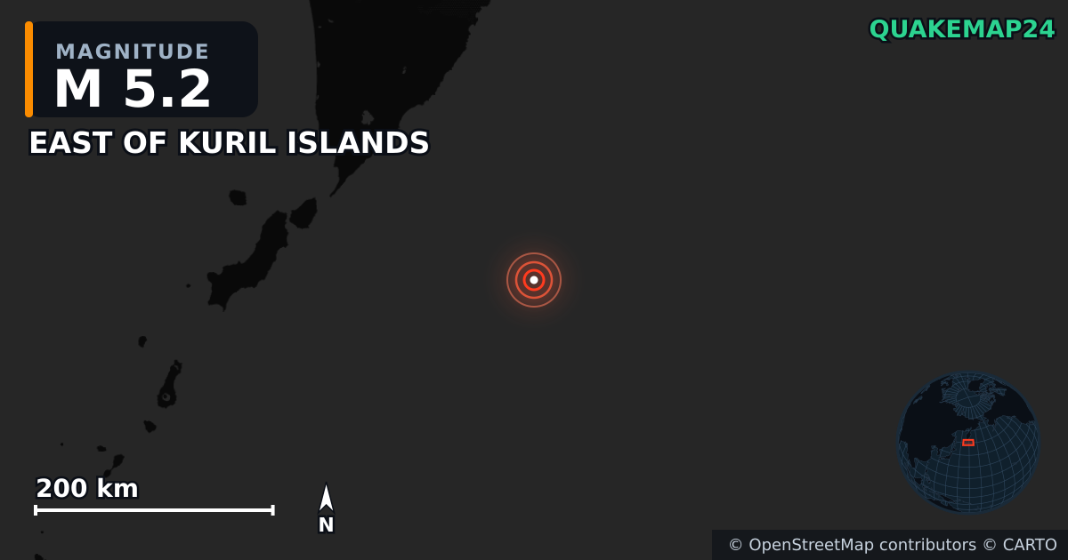 EAST OF KURIL ISLANDS yakınında M5,2 deprem — Deprem merkez üssünün konumunu gösteren harita