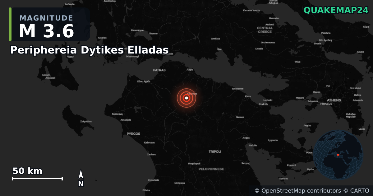 M3.6 earthquake near Periphereia Dytikes Elladas on Dec 7, 2025 — map of epicenter and shaking intensity | QuakeMap24