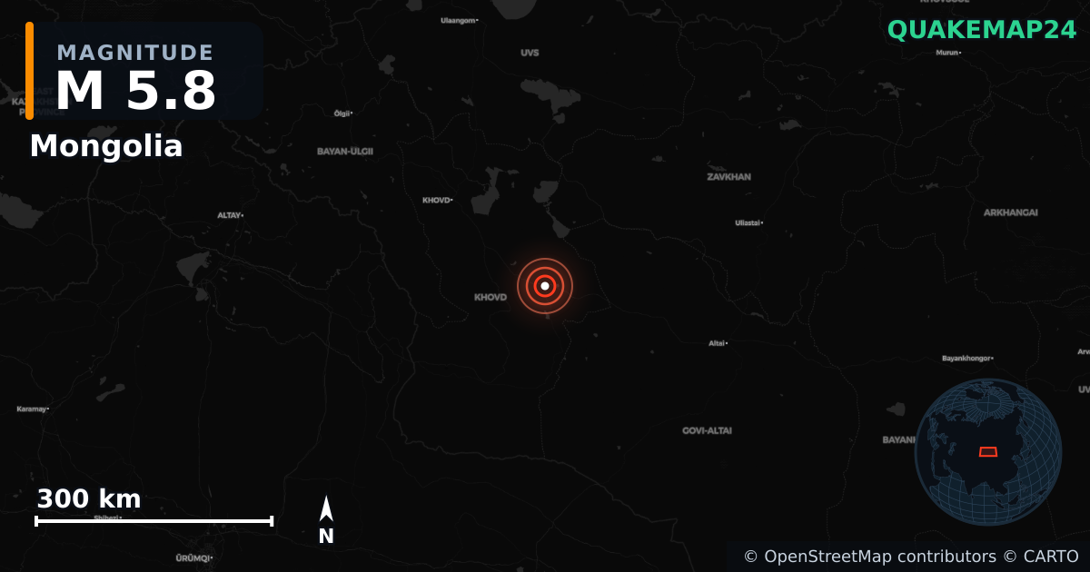 M5.8 earthquake near Mongolia on Apr 26, 2026 — map of epicenter and shaking intensity | QuakeMap24
