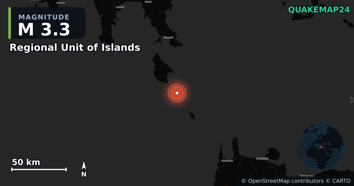 M3.3 earthquake near Regional Unit of Islands on Jun 28, 2026 — map of epicenter and shaking intensity | QuakeMap24