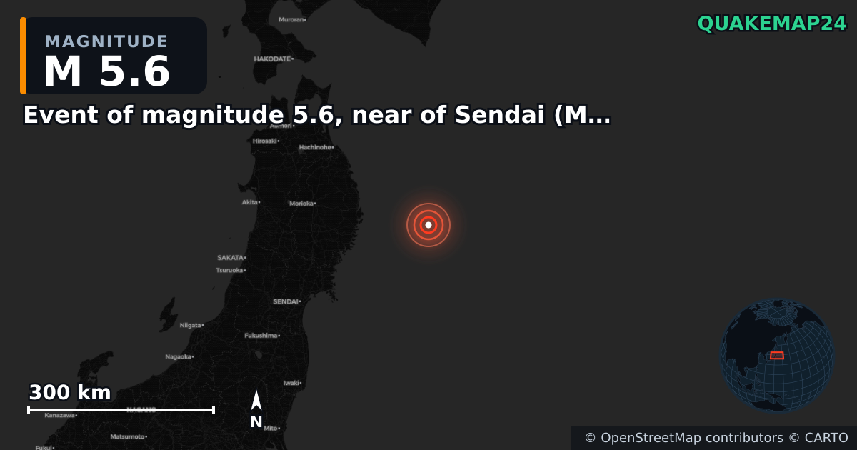 M5.6 earthquake near Event of magnitude 5.6, near of Sendai (Monde) on Mar 8, 2026 — map of epicenter and shaking intensity | QuakeMap24