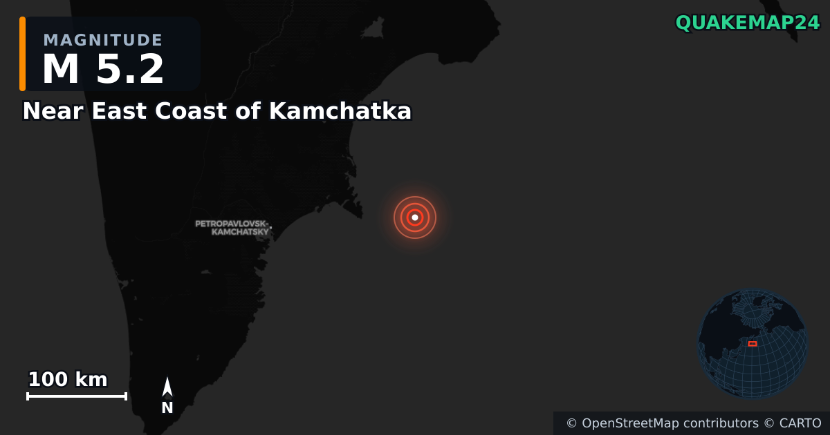 M5.2 earthquake near Near East Coast of Kamchatka on Jul 24, 2025 — map of epicenter and shaking intensity | QuakeMap24