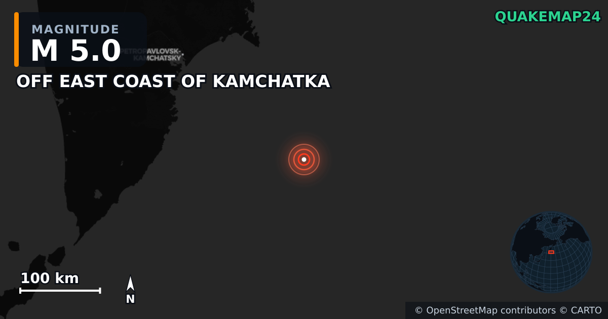 M5.0 earthquake near OFF EAST COAST OF KAMCHATKA on Jul 30, 2025 — map of epicenter and shaking intensity | QuakeMap24