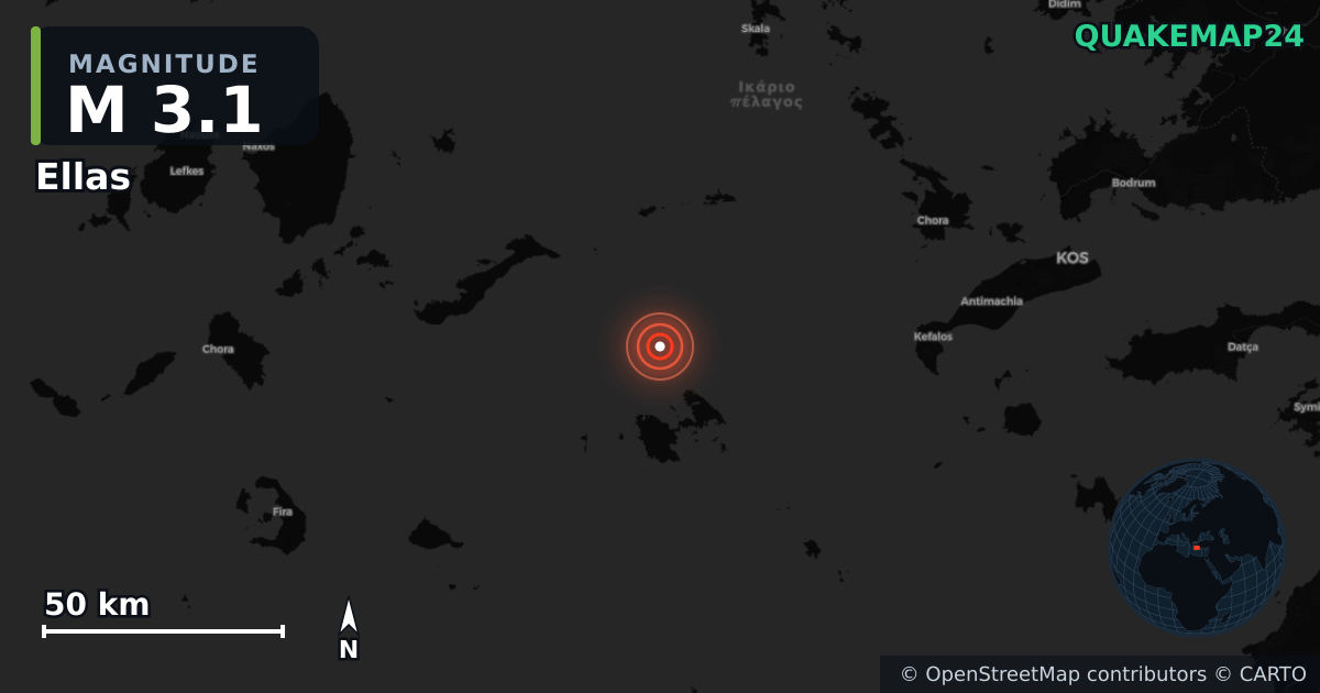M3.1 earthquake near Ellas on Feb 8, 2026 — map of epicenter and shaking intensity | QuakeMap24