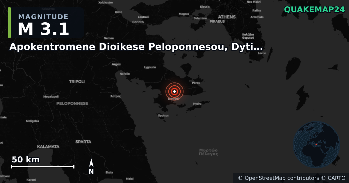 M3.1 earthquake near Apokentromene Dioikese Peloponnesou, Dytikes Elladas kai Ioniou on May 11, 2025 — map of epicenter and shaking intensity | QuakeMap24