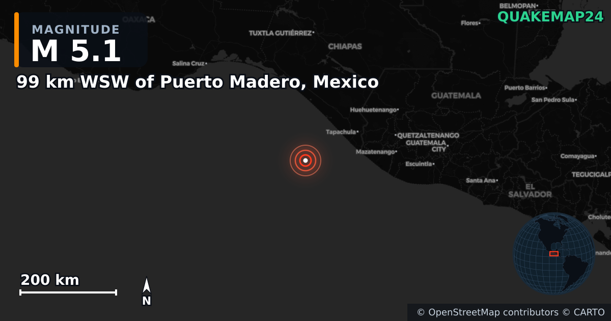 M5.1 earthquake near 99 km WSW of Puerto Madero, Mexico on Jul 18, 2026 — map of epicenter and shaking intensity | QuakeMap24
