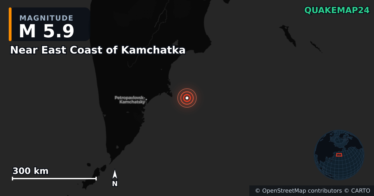 M5.9 earthquake near Near East Coast of Kamchatka on Sep 21, 2025 — map of epicenter and shaking intensity | QuakeMap24