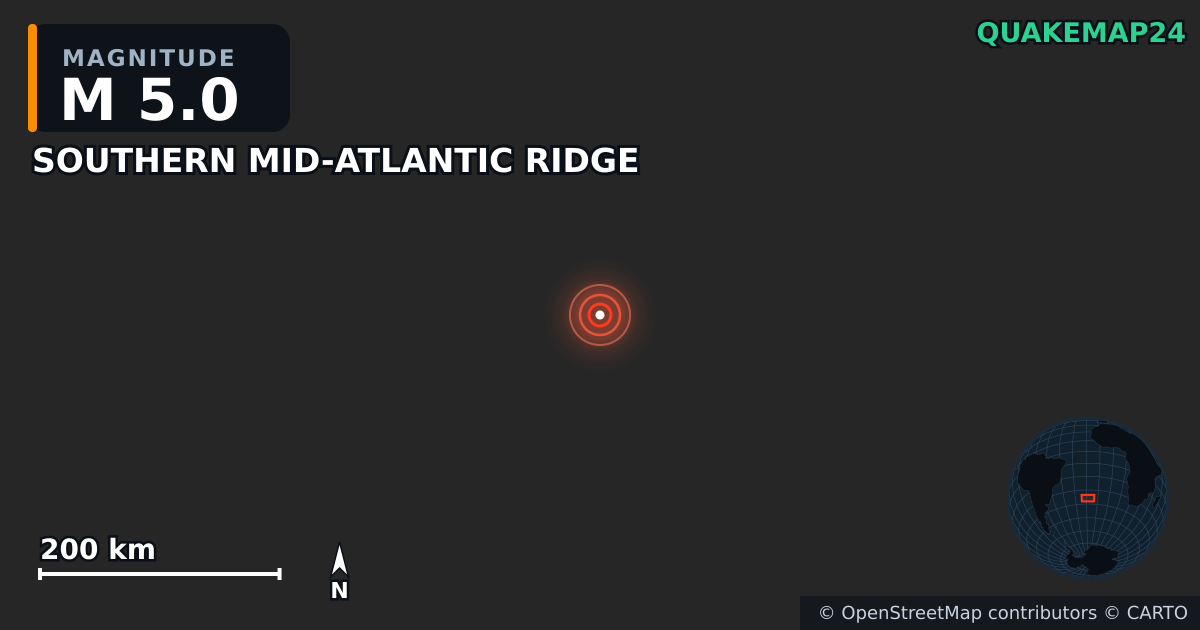 M5.0 Earthquake near SOUTHERN MID-ATLANTIC RIDGE · 2025-06-14 — Map showing the location of the epicenter