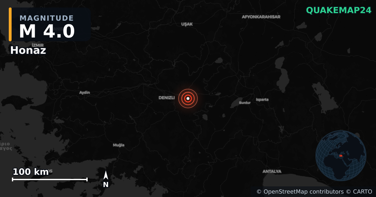 Σεισμός M4,0 κοντά στο Honaz, Denizli (Τουρκία) · 2026-10-07 — Χάρτης της θέσης του επικέντρου