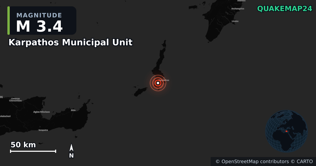 M3.4 earthquake near Karpathos Municipal Unit on Jul 5, 2026 — map of epicenter and shaking intensity | QuakeMap24