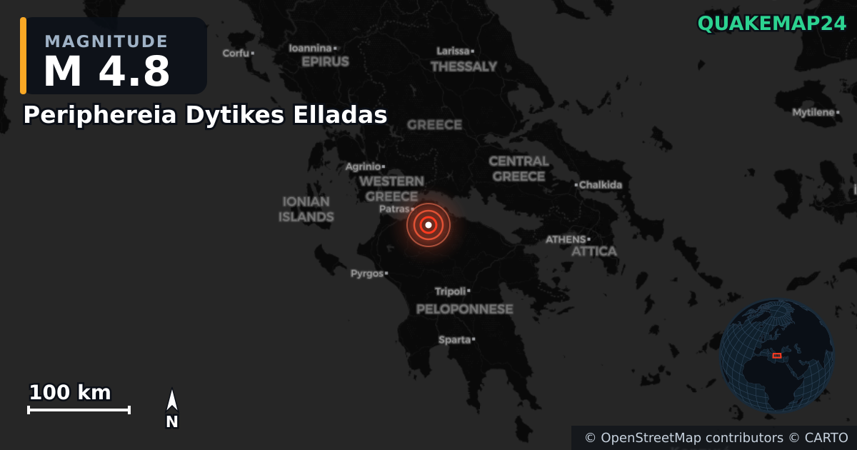 M4.8 earthquake near Periphereia Dytikes Elladas on Dec 6, 2025 — map of epicenter and shaking intensity | QuakeMap24