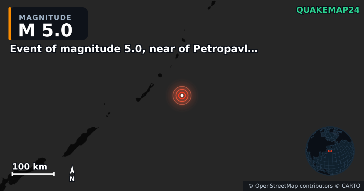 M5.0 earthquake near Event of magnitude 5.0, near of Petropavlovsk Kamchatskiy (Monde) on Apr 3, 2026 — map of epicenter and shaking intensity | QuakeMap24