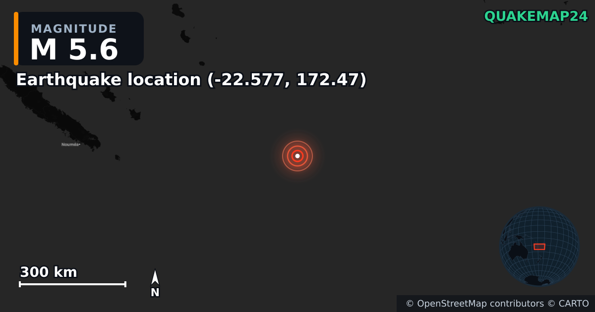M5.6 earthquake near Τοποθεσία σεισμού (-22.577, 172.47) on Aug 22, 2025 — map of epicenter and shaking intensity | QuakeMap24
