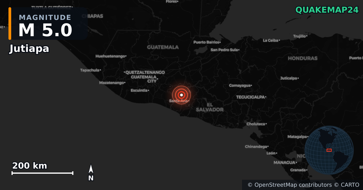 M5.0 earthquake near Jutiapa on Jul 29, 2025 — map of epicenter and shaking intensity | QuakeMap24