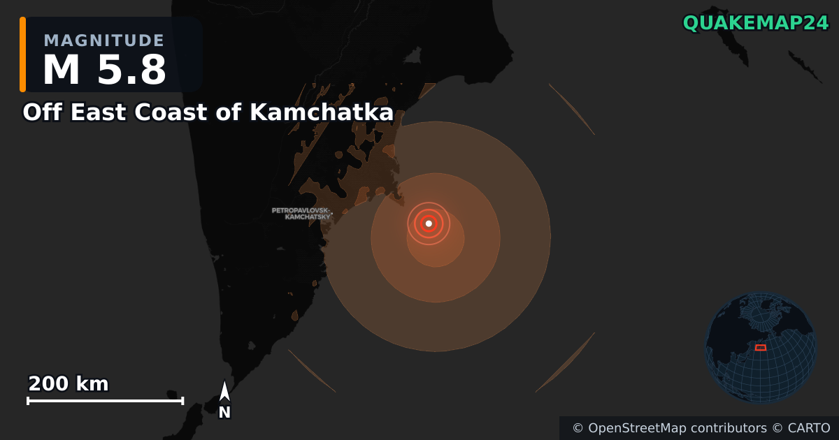 M5.8 earthquake near Off East Coast of Kamchatka on Jun 20, 2026 — map of epicenter and shaking intensity | QuakeMap24