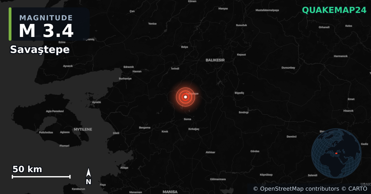 M3.4 earthquake near Savaştepe on Oct 28, 2025 — map of epicenter and shaking intensity | QuakeMap24