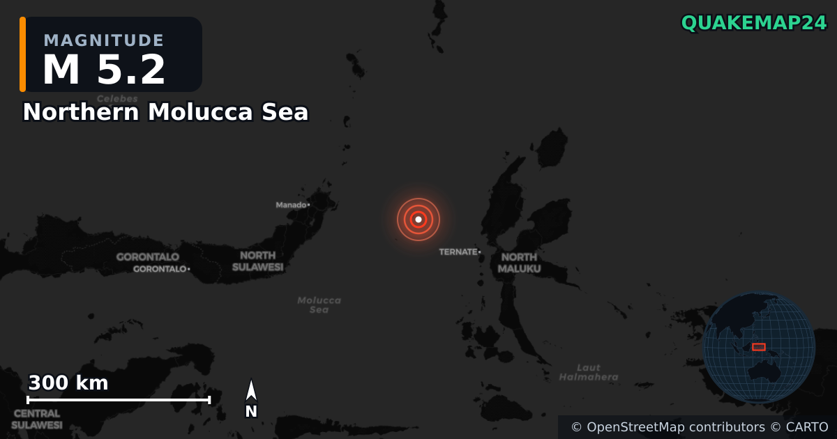 M5.2 earthquake near Northern Molucca Sea on Dec 21, 2025 — map of epicenter and shaking intensity | QuakeMap24