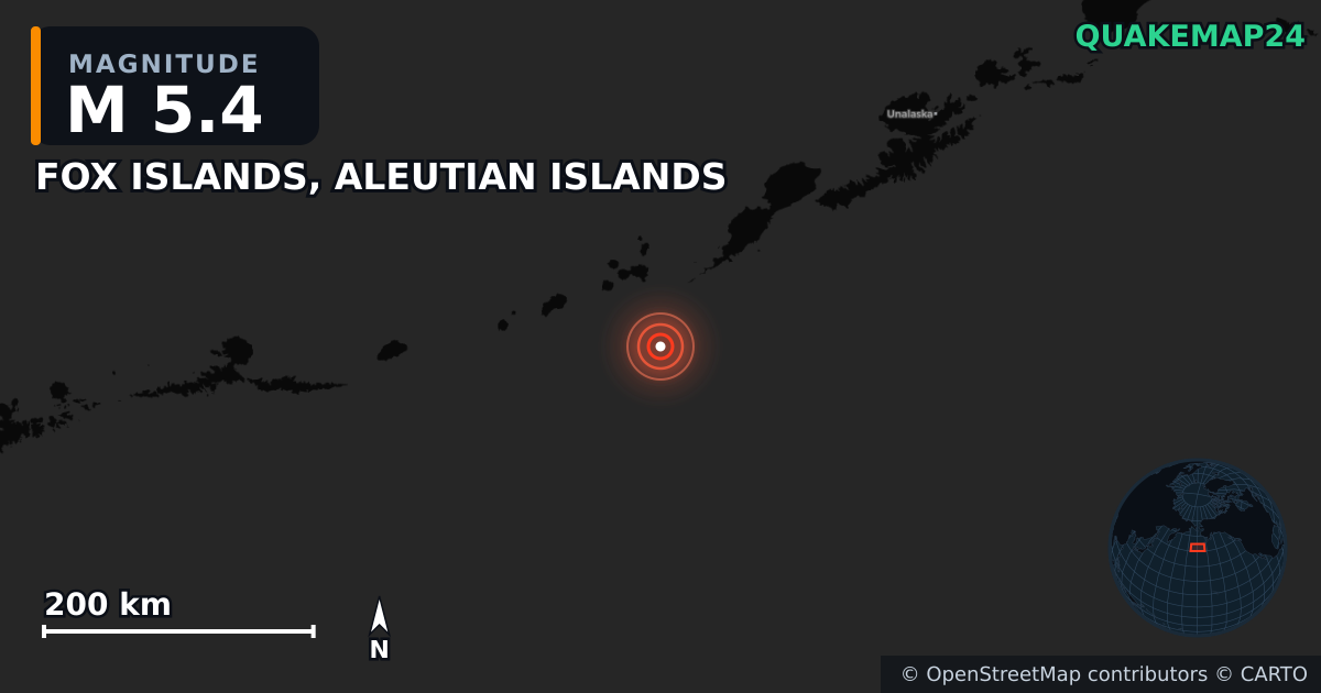 M5.4 earthquake near FOX ISLANDS, ALEUTIAN ISLANDS on Sep 6, 2025 — map of epicenter and shaking intensity | QuakeMap24